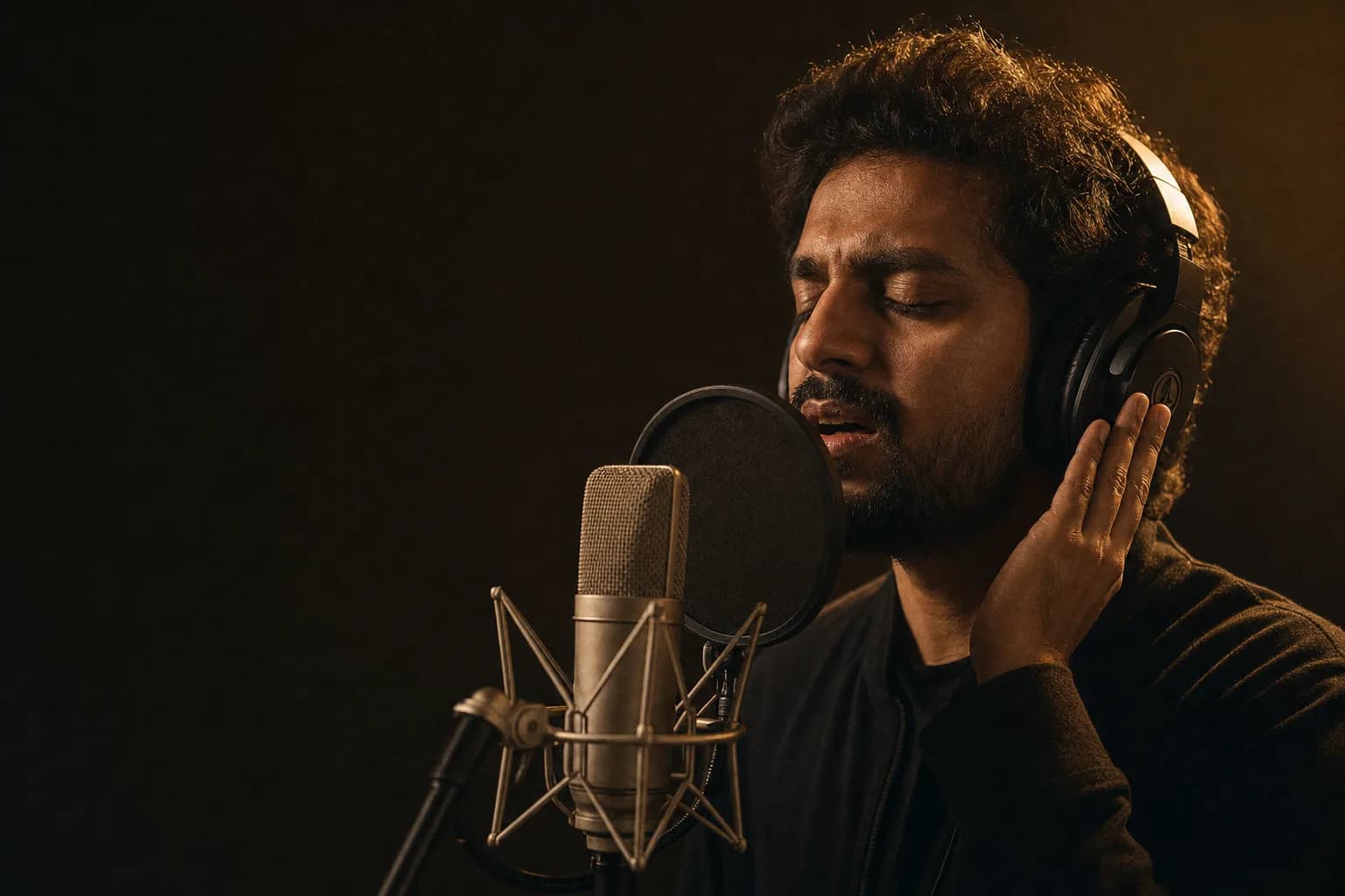 An artist singing into a studio microphone