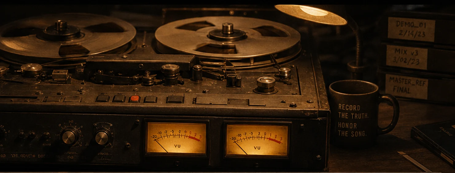 A vintage reel-to-reel tape machine in a warm late-night studio